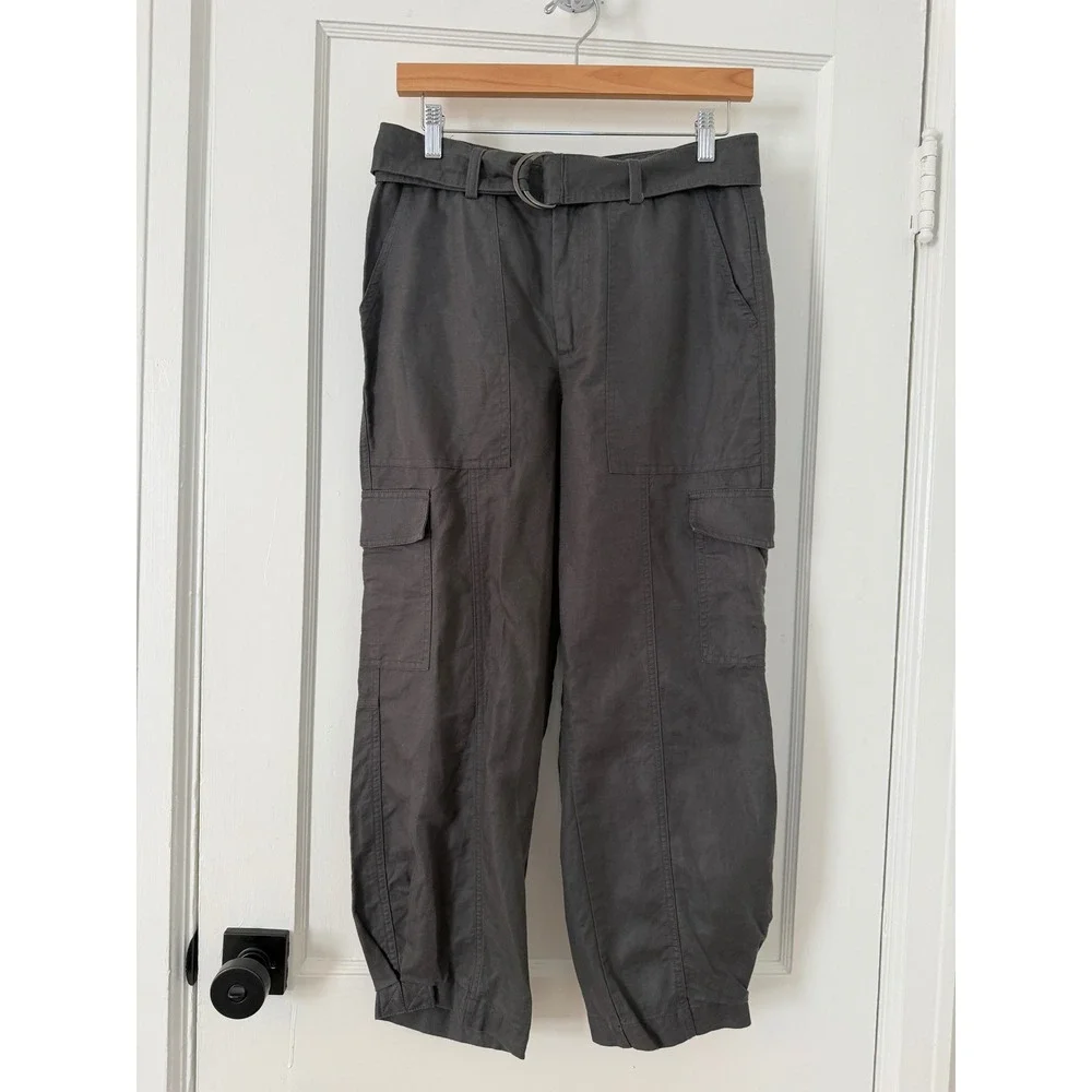 Quince Cotton Linen Twill Cargo Pants M Charcoal Gray Belted Utility Tapered